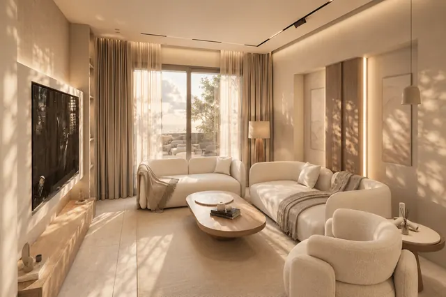 Sunlit living room with bouclé sofas designed by Node.K